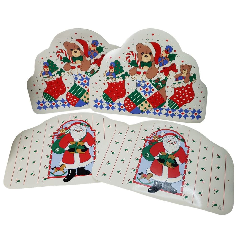 Vintage 80s CSC Vinyl Christmas Placemats Set of 4 Santa Teddy Bears Stockings